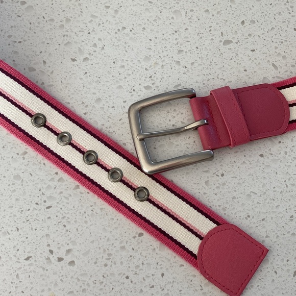 TOMMY HILFIGER pink cotton stripe leather trim belt M - Picture 2 of 4